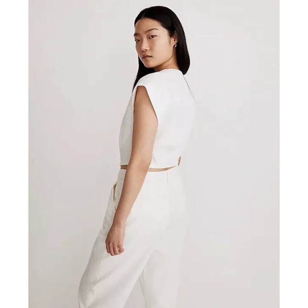 Madewell White Cropped V-Neck Button Front Top - Picture 3 of 7
